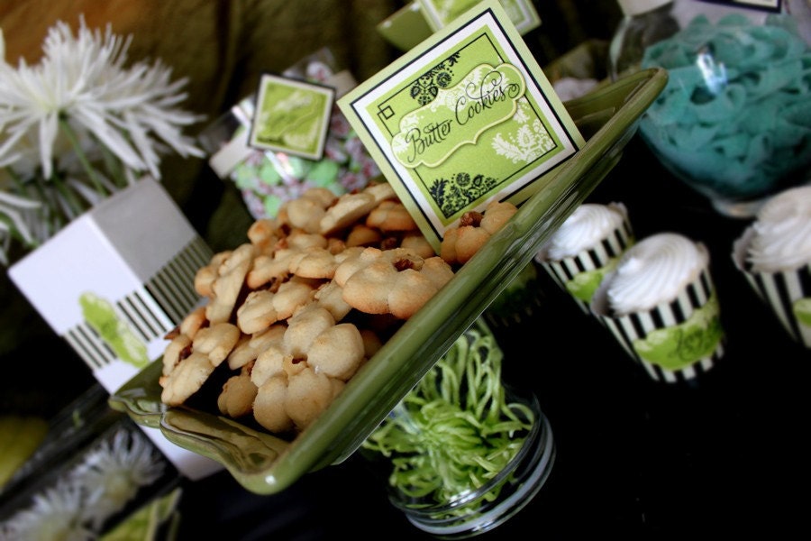 Green Elegant Art Nouveau Brocade DIY Dessert Tent Cards
