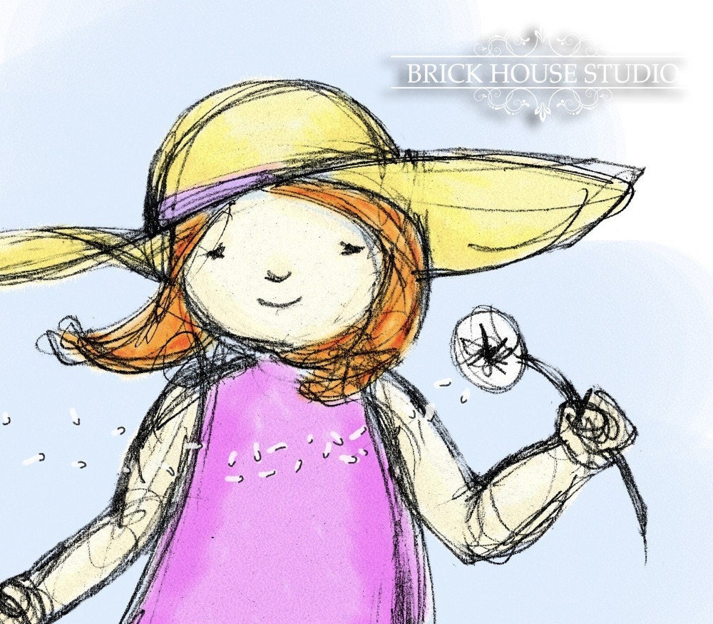 Childrens Art, Dandelion Girl with Red Hair - 8x10 Print