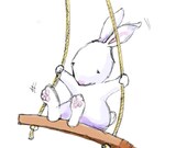 Nursery Art, Bunny on a Swing - 8x10 Illustration Print