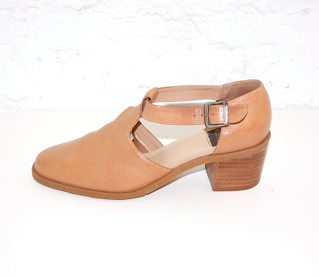 Vintage T Strap Neutral Tan Maryjane Chunky Heel by bullandbarter