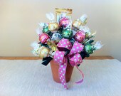Small Clay Pot with Ribbon - Pink - Premium Chocolate Candy Bouquet
