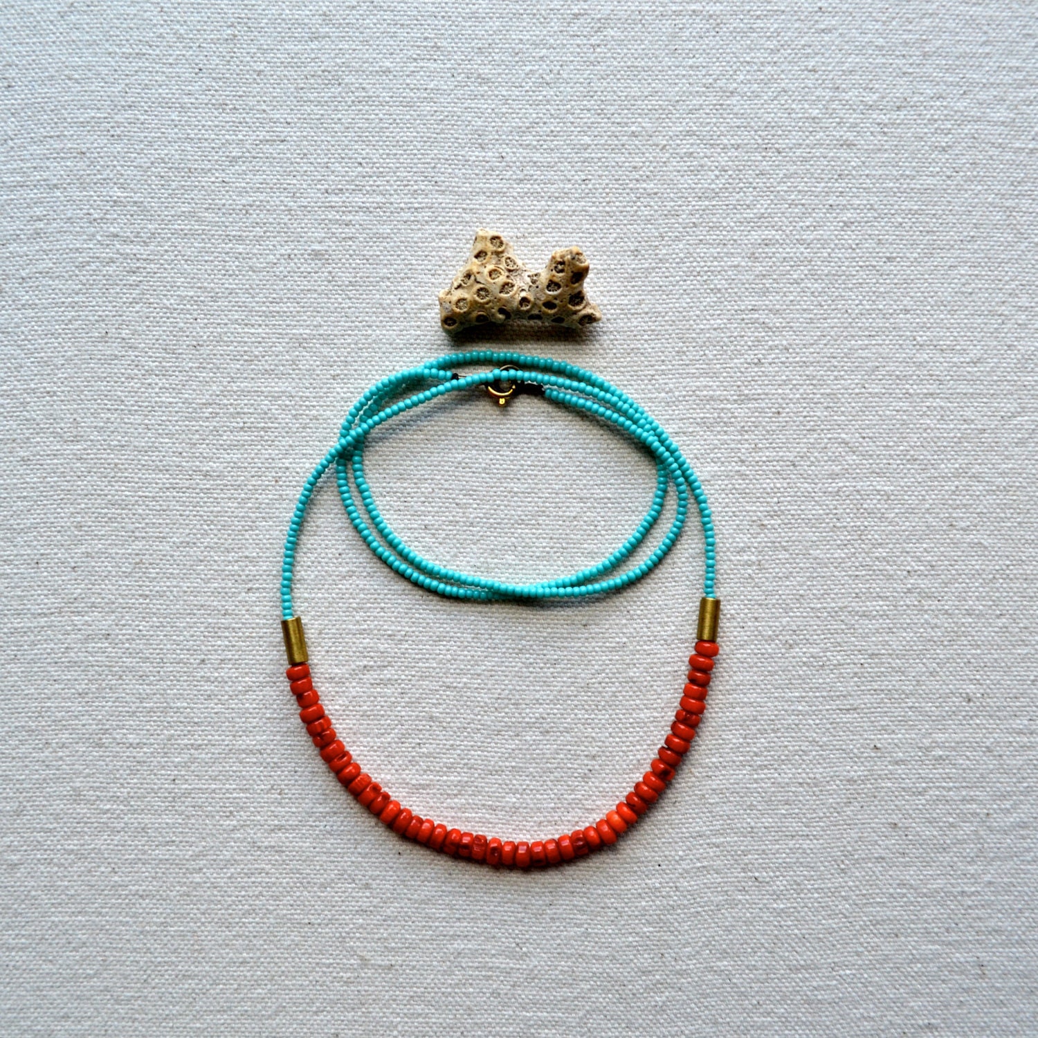 seaside reprise necklace with red coral and turquoise seed beads
