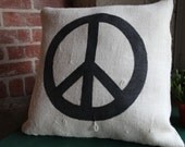Peace Sign, Natural Burlap Pillow in Oyster White