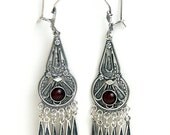 925 Sterling Silver Filigree Ethnic Chandelier Earrings Decorated With Garnet Gemstones - Free Shipping ID1050