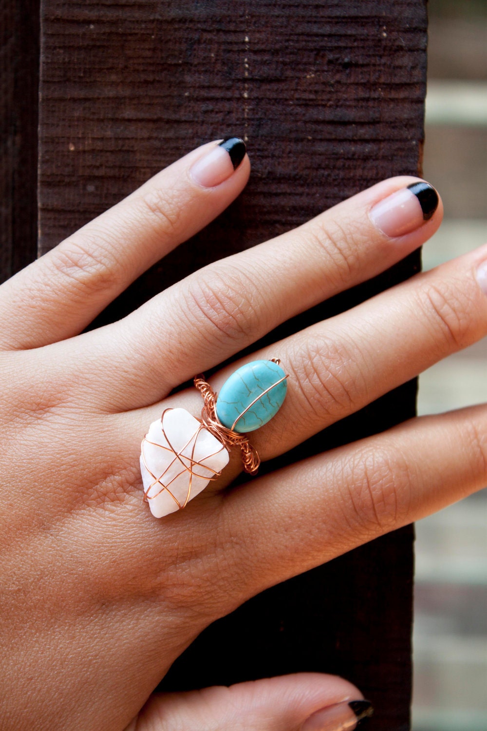 soft quartz and turquoise copper wire wrap ring, size 8 - 8.5