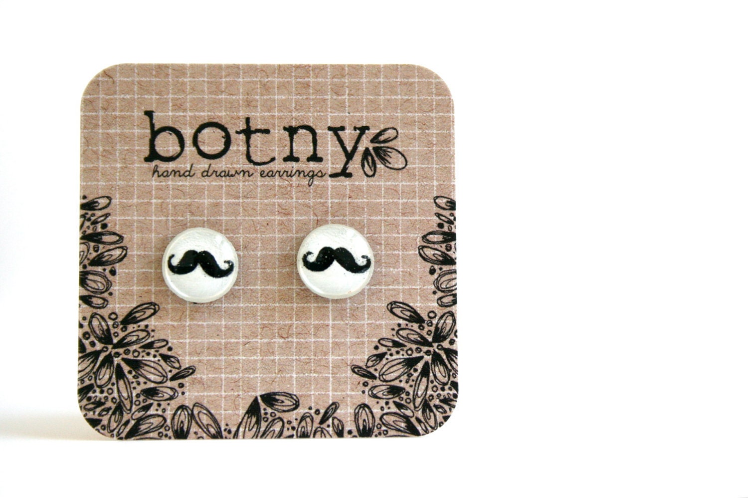 Snow White and Jet Black Curly Comical Handlebar Mustache Brook Earrings