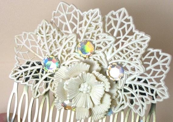 Upcycled White Hair Comb, white hair comb, made with vintage jewelry, eco friendly, wedding, bridal, prom, ooak hairclip