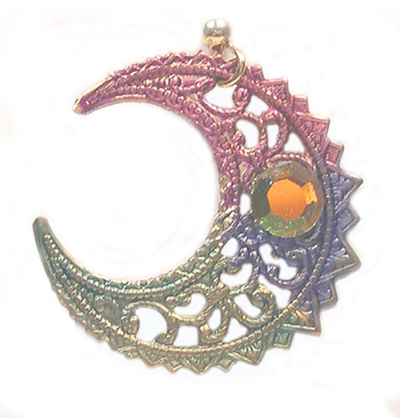Upcycled Celestial Earrings, recycled celestial earrings, cosmic, crescent moon, eco friendly, hand painted, rhinestones, fantasy earrings
