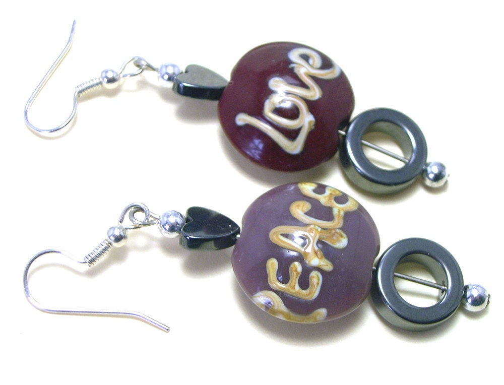 Boho Love Peace Earrings, hippie boho earrings, peace earrings, dangle, eco friendly, upcycled earrings, recycled, boho jewelry, love