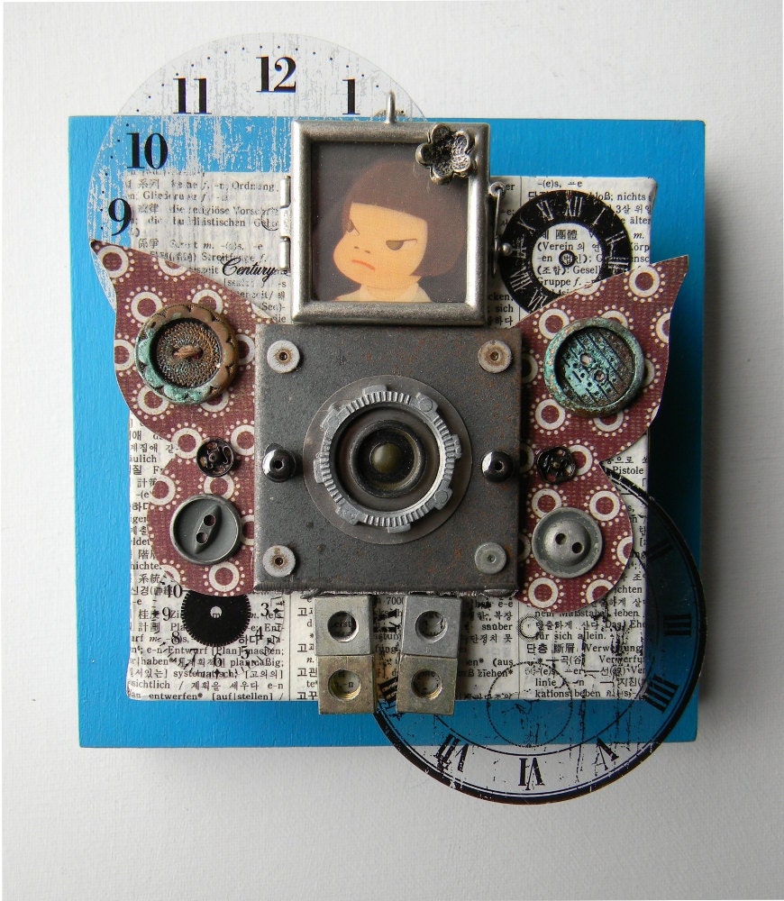 SALE-Recycled Art Collage   -   "Clockwork Girl Brown Wings"-   Original Mixed Media