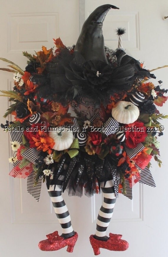 CUSTOM ORDER-Halloween Wreath-ThE WiCkEd WiTcH with Ruby Red Slippers-Fall Wreath-(Please read Production dates)Petals & Plumes Orig Design