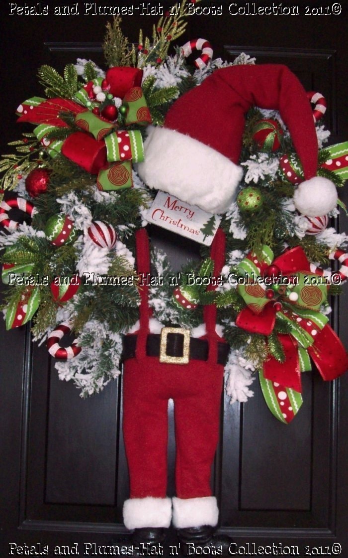 Custom PRE-ORDER -Christmas Wreath-"Suspender Santa"-Door Decor-(PLEASE See Shipping details) Petals & Plumes Original