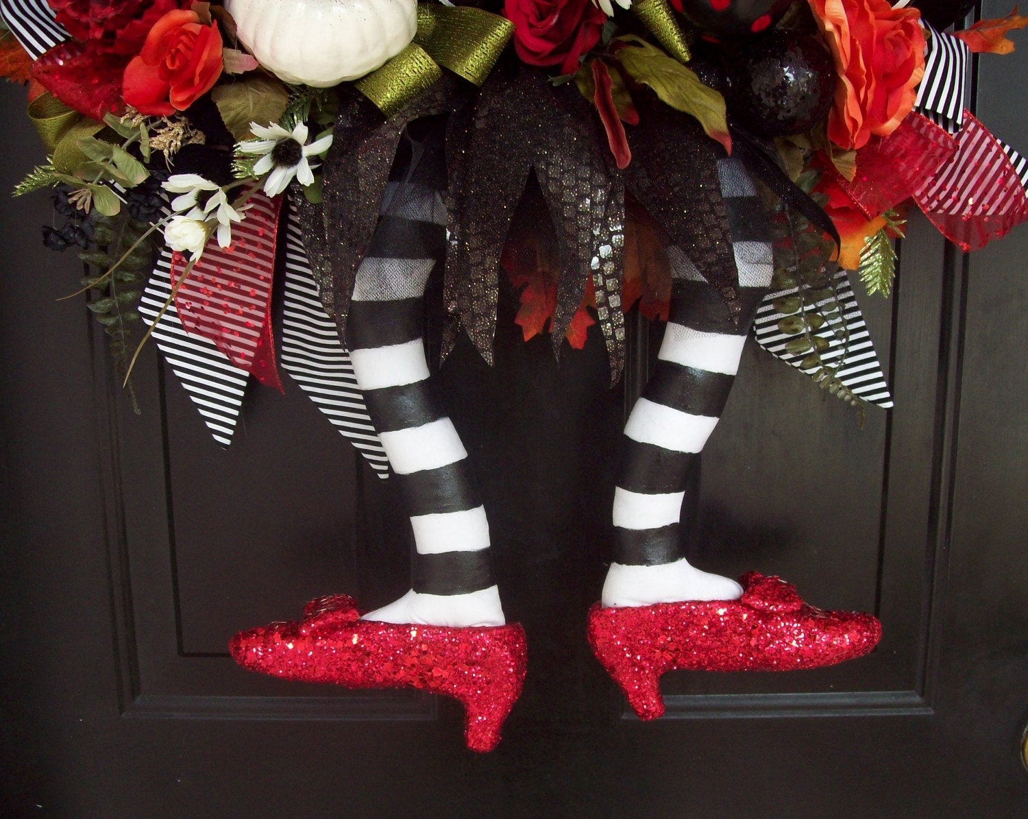 CUSTOM ORDER-Halloween Wreath-ThE WiCkEd WiTcH with Ruby Red Slippers-Fall Wreath-(Please read Production dates)Petals & Plumes Orig Design