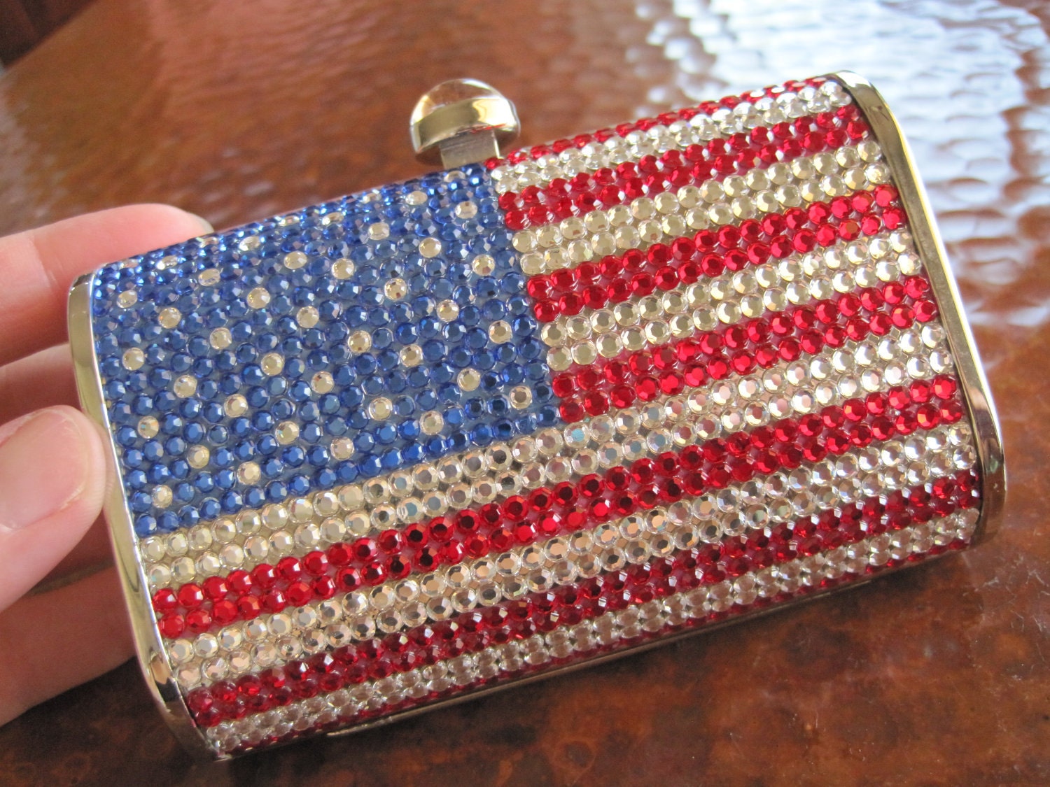 US Flag Crystal Handbag Swarovski Sparkling American Patriotic Vintage Minaudiere Just Marked HALF OFF