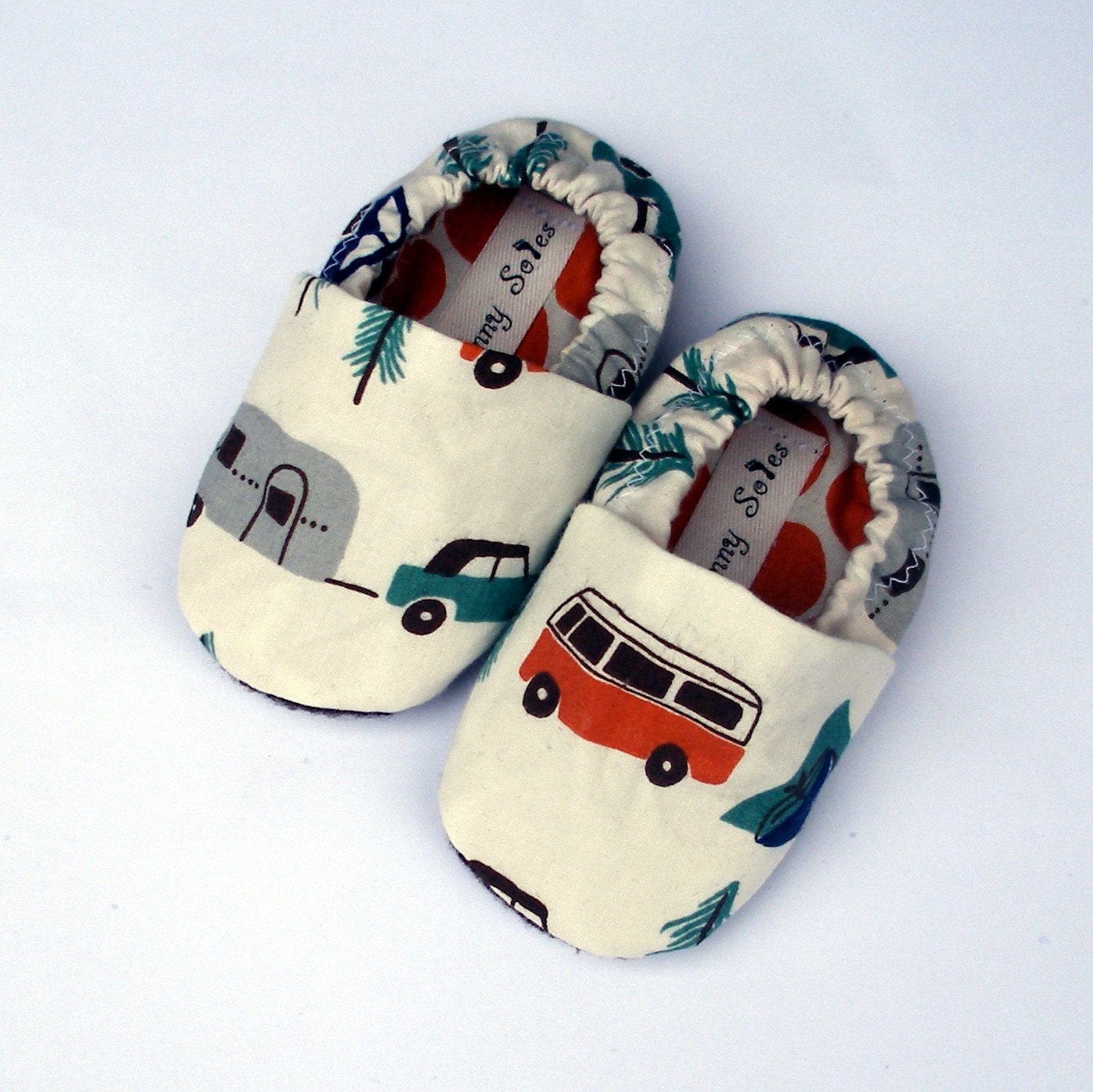 Happy Camping Organic Handmade Baby Shoes Boy or Girl- Size 0 3 6 12 18 months Organic  Booties-  Eco Friendly Clothing Soft Sole Shoes
