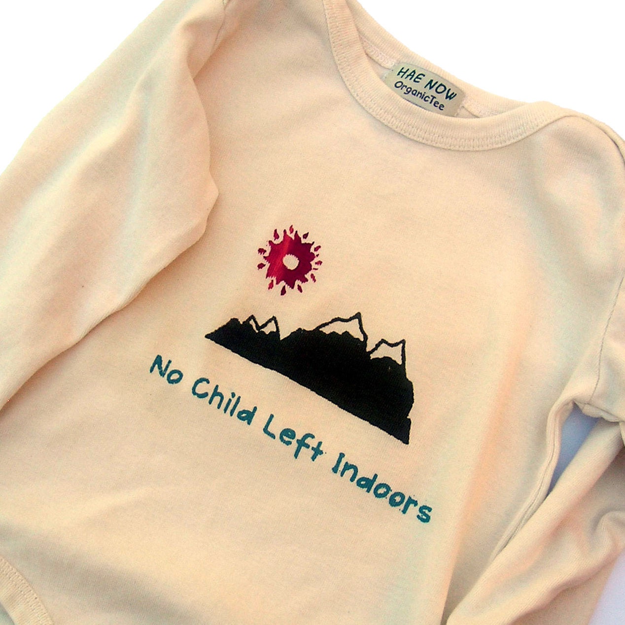 Organic Baby 0 3 6 12 18 months LONG Sleeve "No Child Left Indoors" - Natural Color Handprinted Eco Friendly Children - Baby Clothes