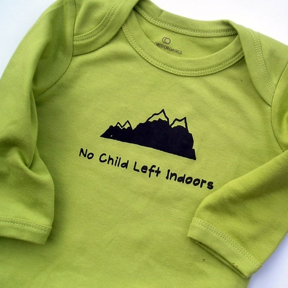 Organic Kiwi Green Bodysuit with "No Child Left Indoors" and mountains - Handprinted Screen Print 0 3 6 12 18 months Long Sleeve