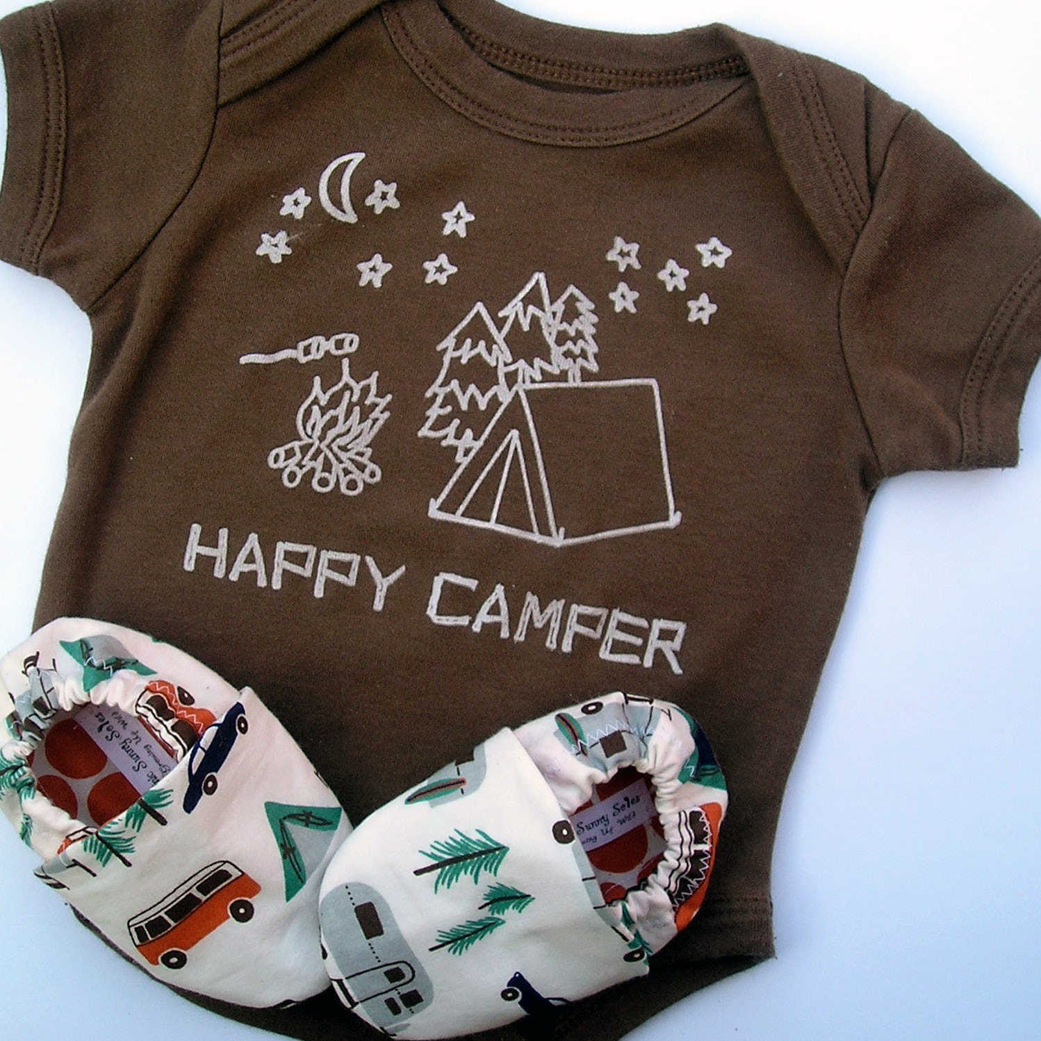 Happy Camper Organic Gift Set for Baby-  Brown Bodysuit SHORT sleeves 0 3 6 12 18 and matching Eco Friendly Shoes- Baby Clothes