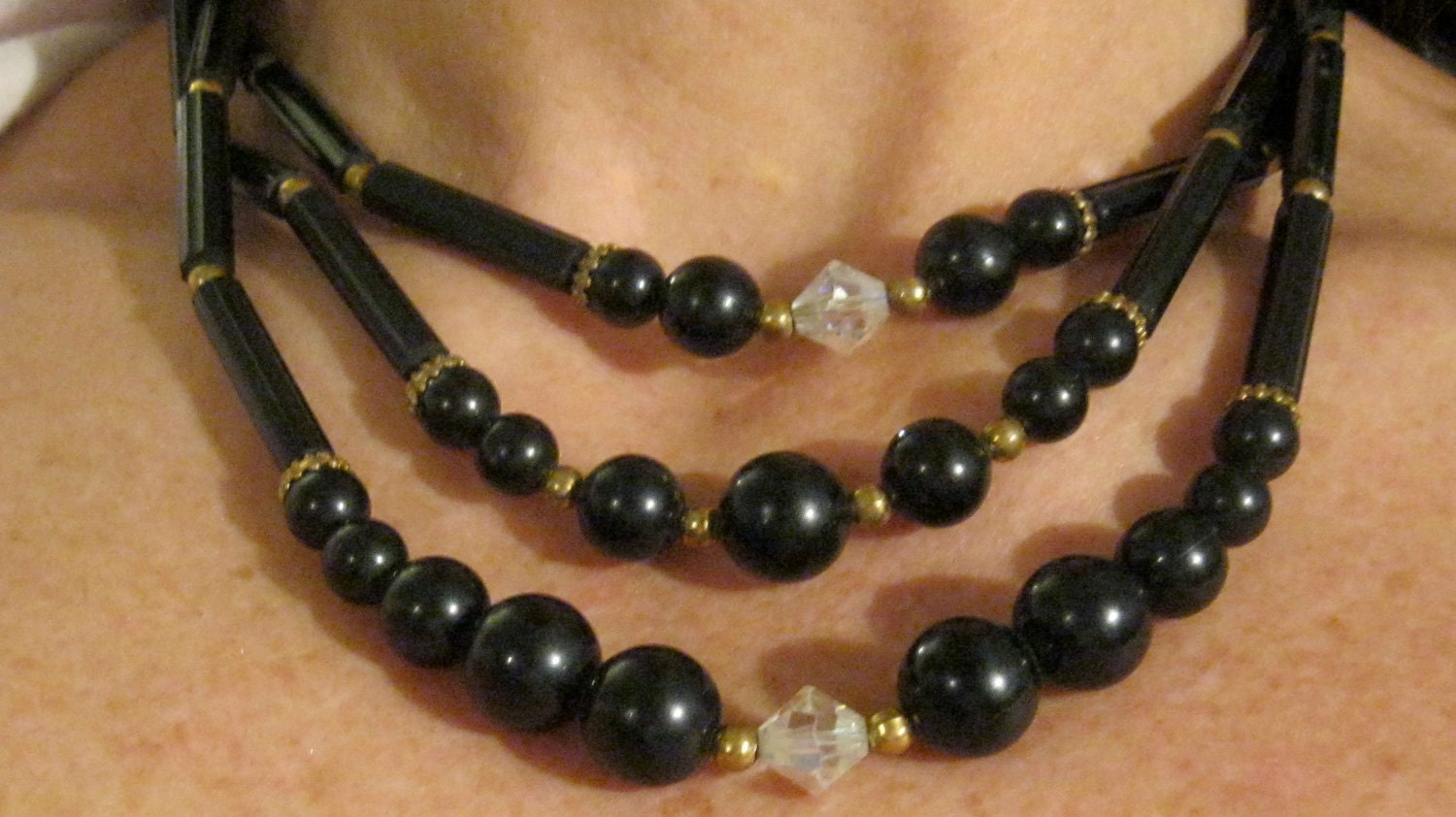 40s 50s Crystal Bead Necklace / Beaded Strands / Black Bead Crystal Jewelry