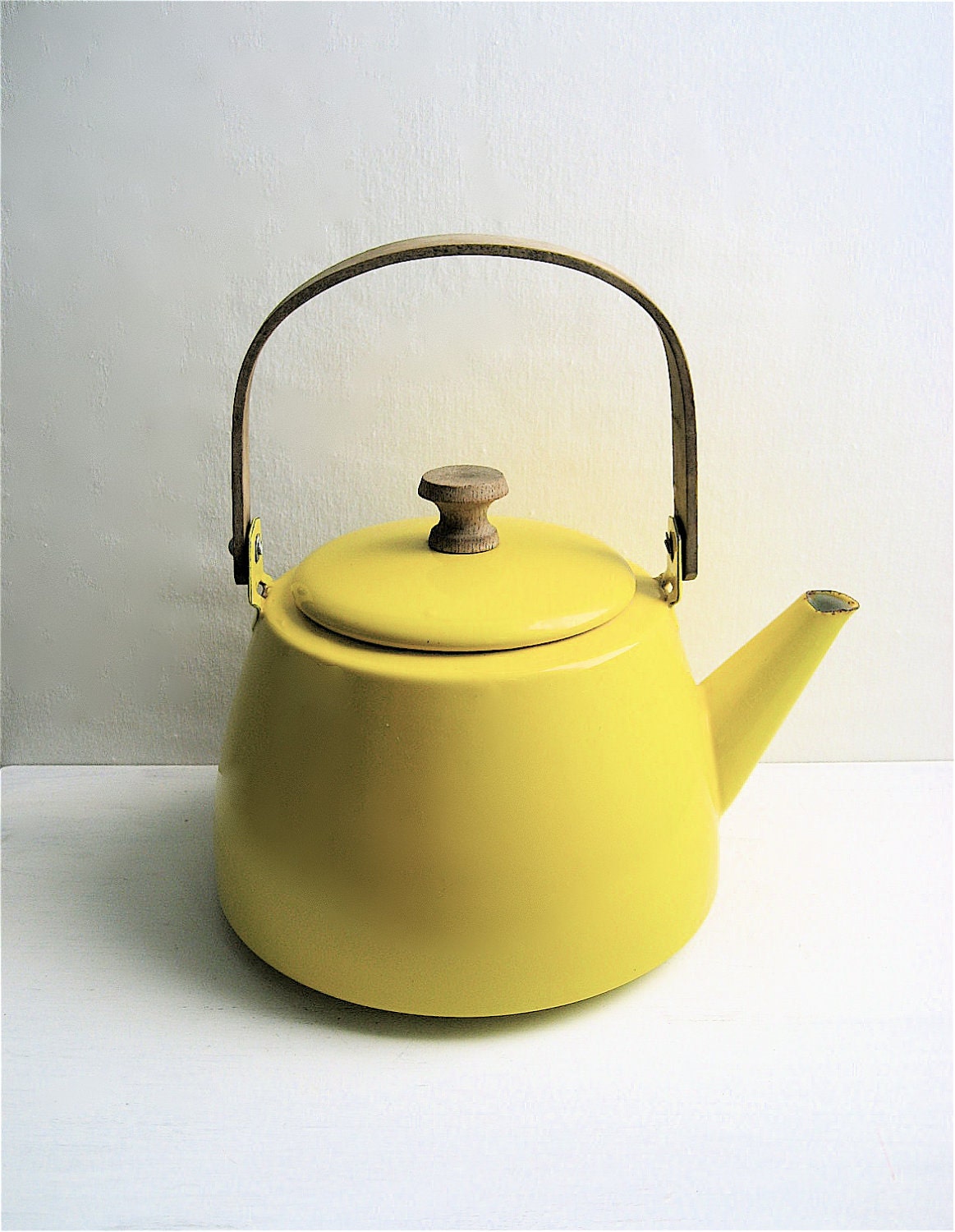 Vintage Yellow Enamel Teapot Wooden Handle by lovintagefinds