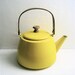 Vintage Yellow Enamel Teapot Wooden Handle