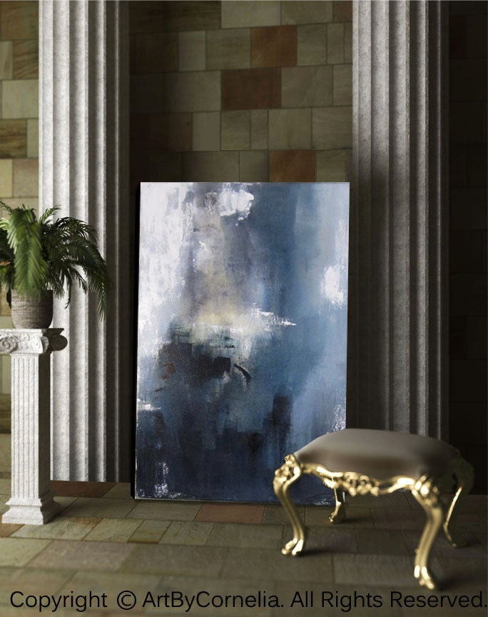 Contemporary Abstract Painting, blue, yellow, white, gray