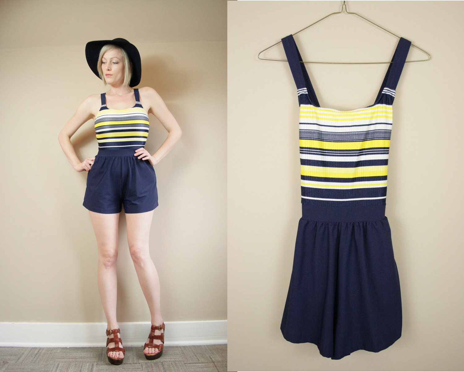 Nautical Navy Blue & Yellow Striped Shorts Romper Playsuit Swimsuit