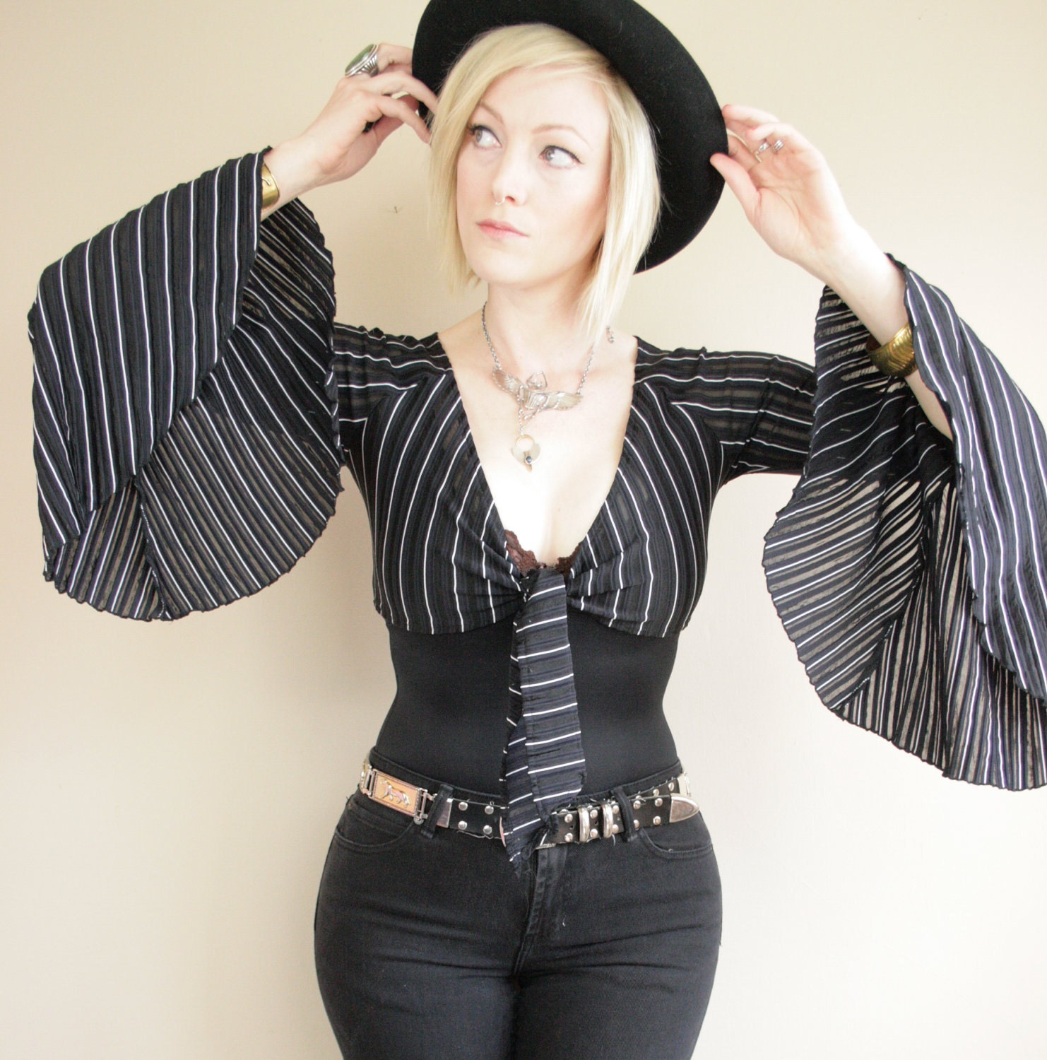 See Through Black & White Striped Bell Sleeve Crop Top Front Tie Blouse