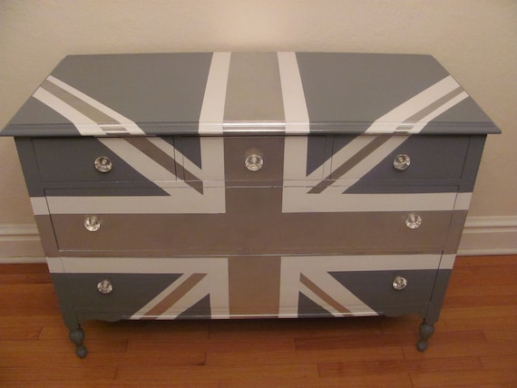 ReLoved and UpCycled - Stunning Antique Union Jack Silver Grey and White High Gloss Dresser