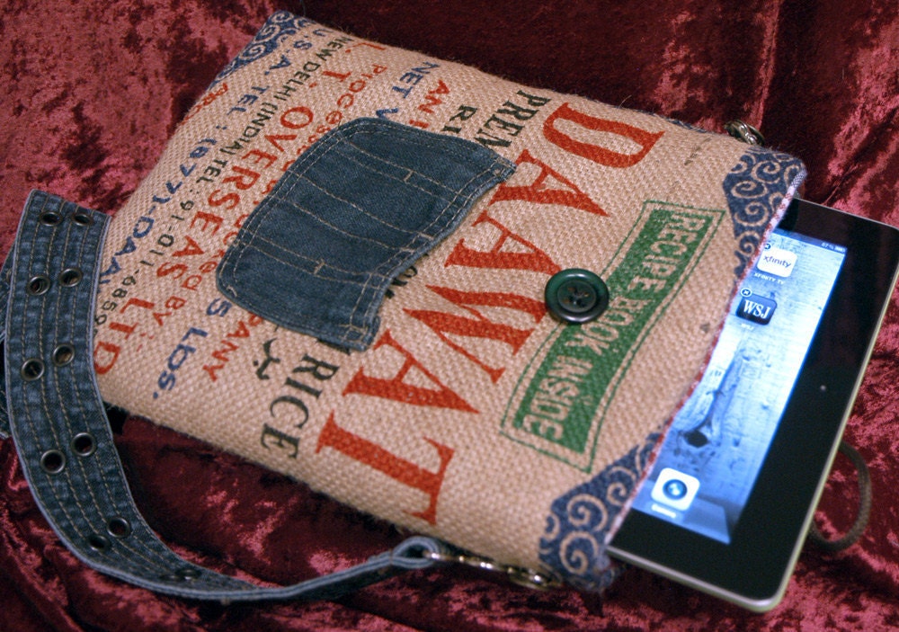 iPad Bag Made from Indian Basmati Rice Bag, Checkered Placemats, Denim Belt, Fits Fire HD 8.9" and Nook HD Plus Too
