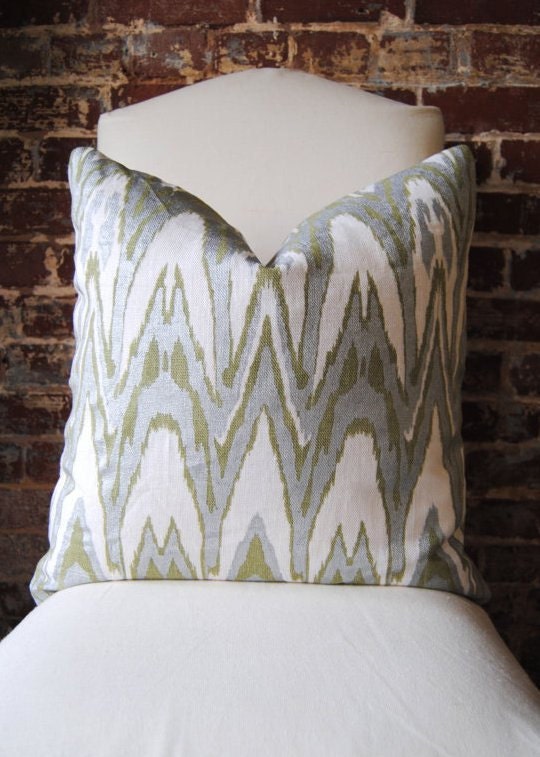Ikat - Green and Silver Hand Print on Natural Linen - Pillow Cover - 20"x20"