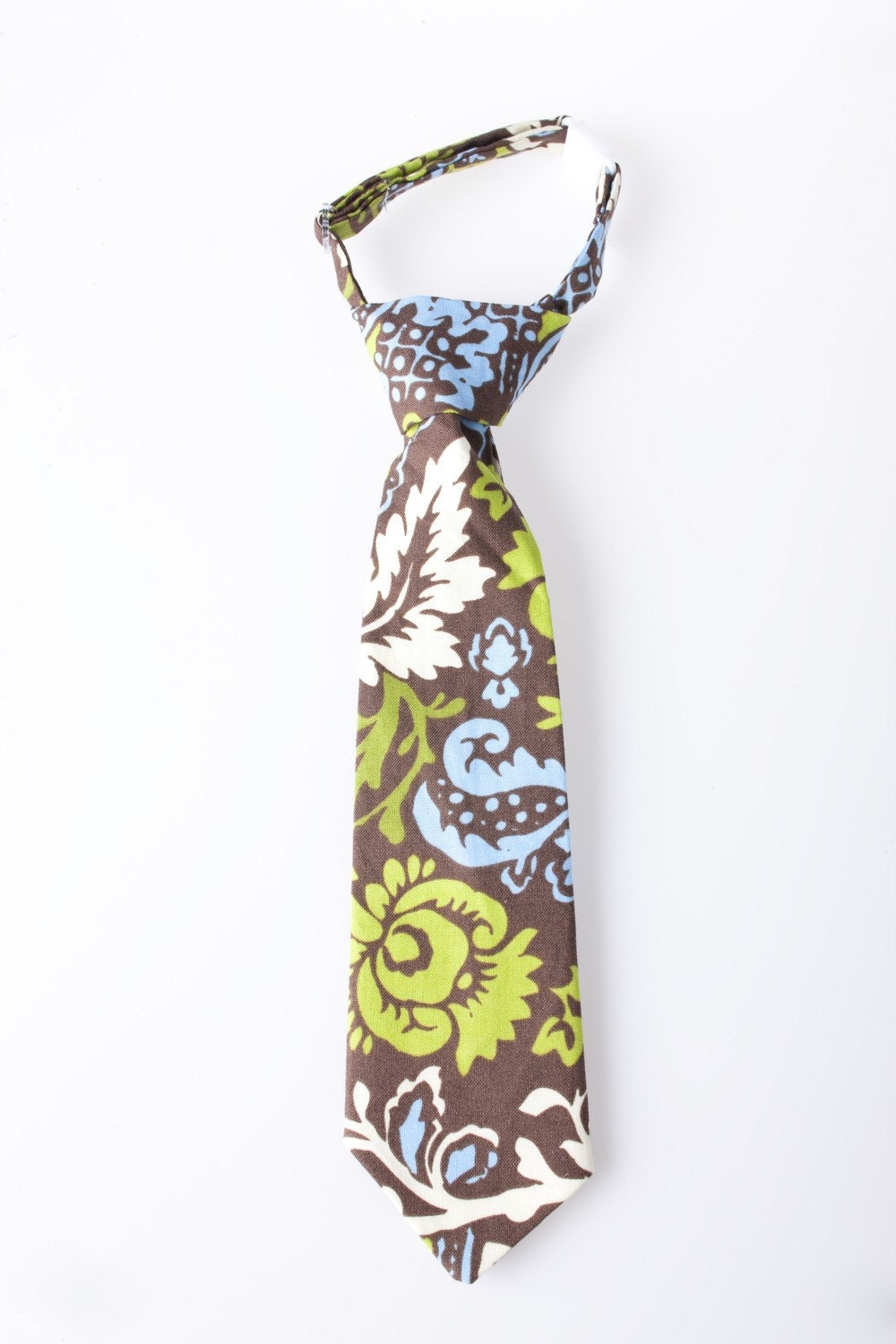 Toddler Tie - Brown with Green, Blue, and White Floral Pattern