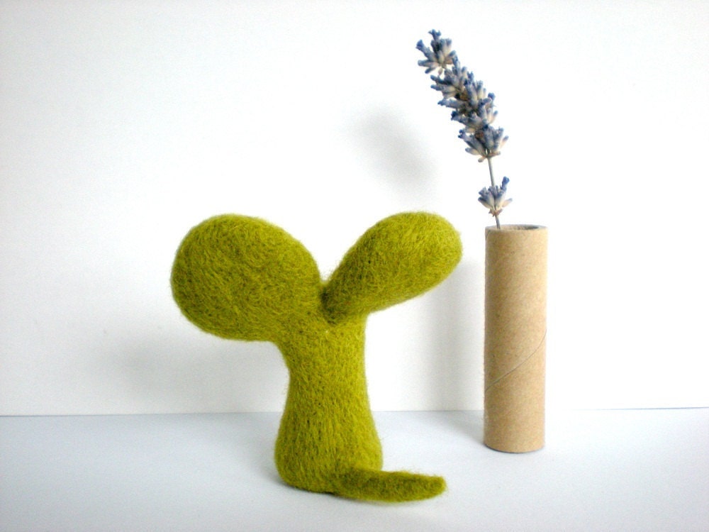 Green Felt Mouse - Needle Felted Light Olive Mouse Sculpture