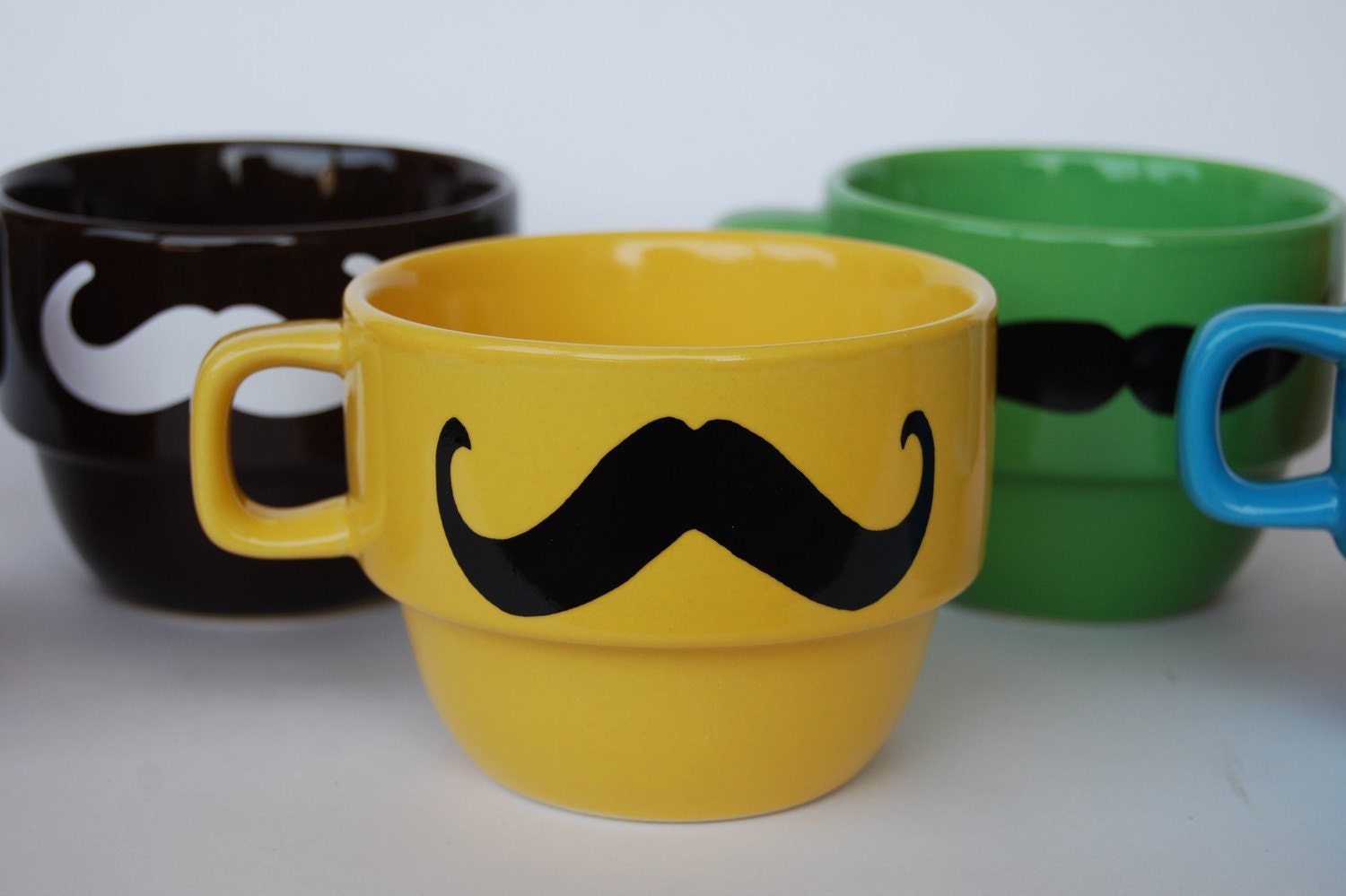 Multi Color Mustache Coffee Mugs - set of 6 stackable mugs and chrome holder - featured in PEOPLE magazine