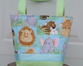 Jungle Animals Babies Diaper Bag in Light Blue and Light Green - Made To Order - Personalization Included