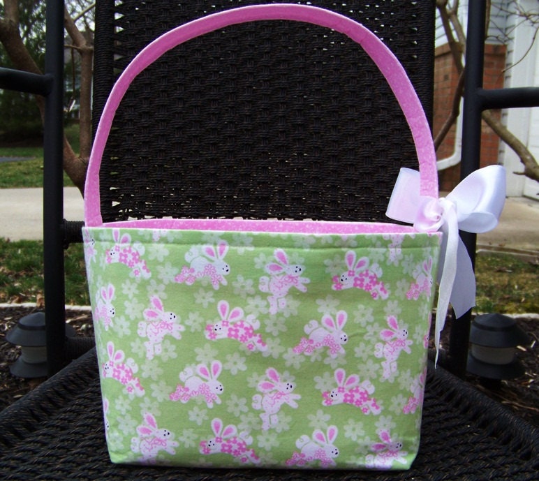 Pink and Light Green Bunnies and Flowers Fabric Easter Basket - Made to Order - Personalization Included