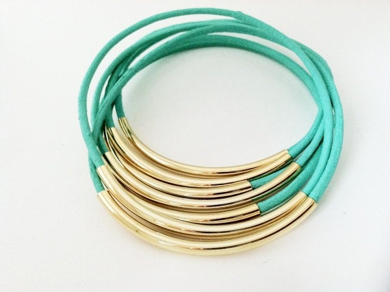 Mint Leather Bangle Bracelets with Silver or Gold tubes
