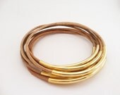 Natural Leather Bangles with Gold or Silver Tube Accents