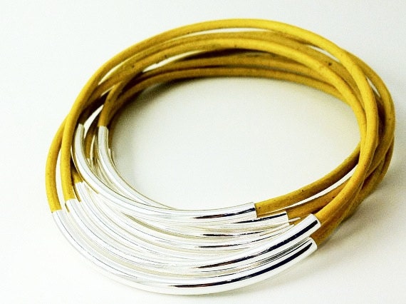 Yellow leather bangles with Silver Tube Beads, Leather bracelet