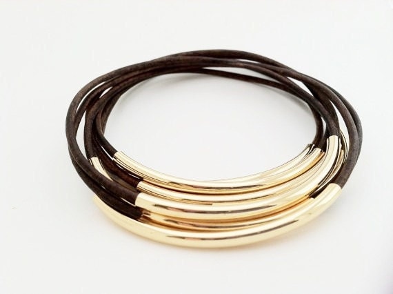 Tube Bracelet- Antique Brown Bangle, Leather Bangle Bracelet with Gold or Silver Beads, Boho Chic Bracelet