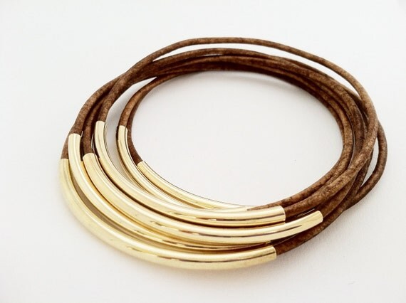 Light Brown Leather Bangles with Gold or Silver Tube Accents