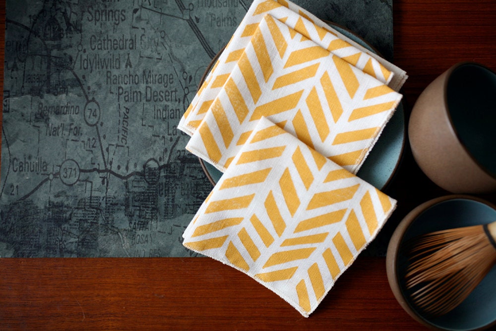 Linen Cocktail Napkins - Four Feathers in Maize on Ivory Linen (set of 4)