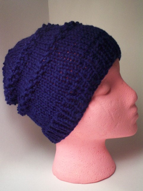 Knit Slouchy Beanie for Dad, Navy knit hat, Fashion winter hat, textured knit hat.