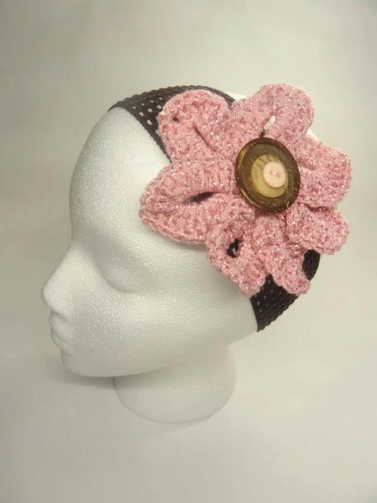 Headband, Pink Flower, Buttons, Elastic Headband, Crochet Flower Spring