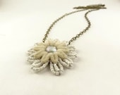 Necklace, White and Cream Flower, Rhinestone,   Antique Brass Toned - toppytoppy