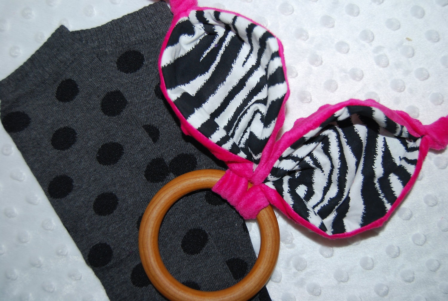 Valentine's Day or Baby Birthday Party Set Wooden Toy Bunny Ear Teething Ring with Ruffle Leg Warmer