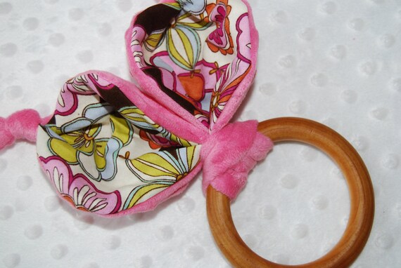 Organic Baby Teething Ring Retro Mod Flower Lime Rabbit Bunny Ear