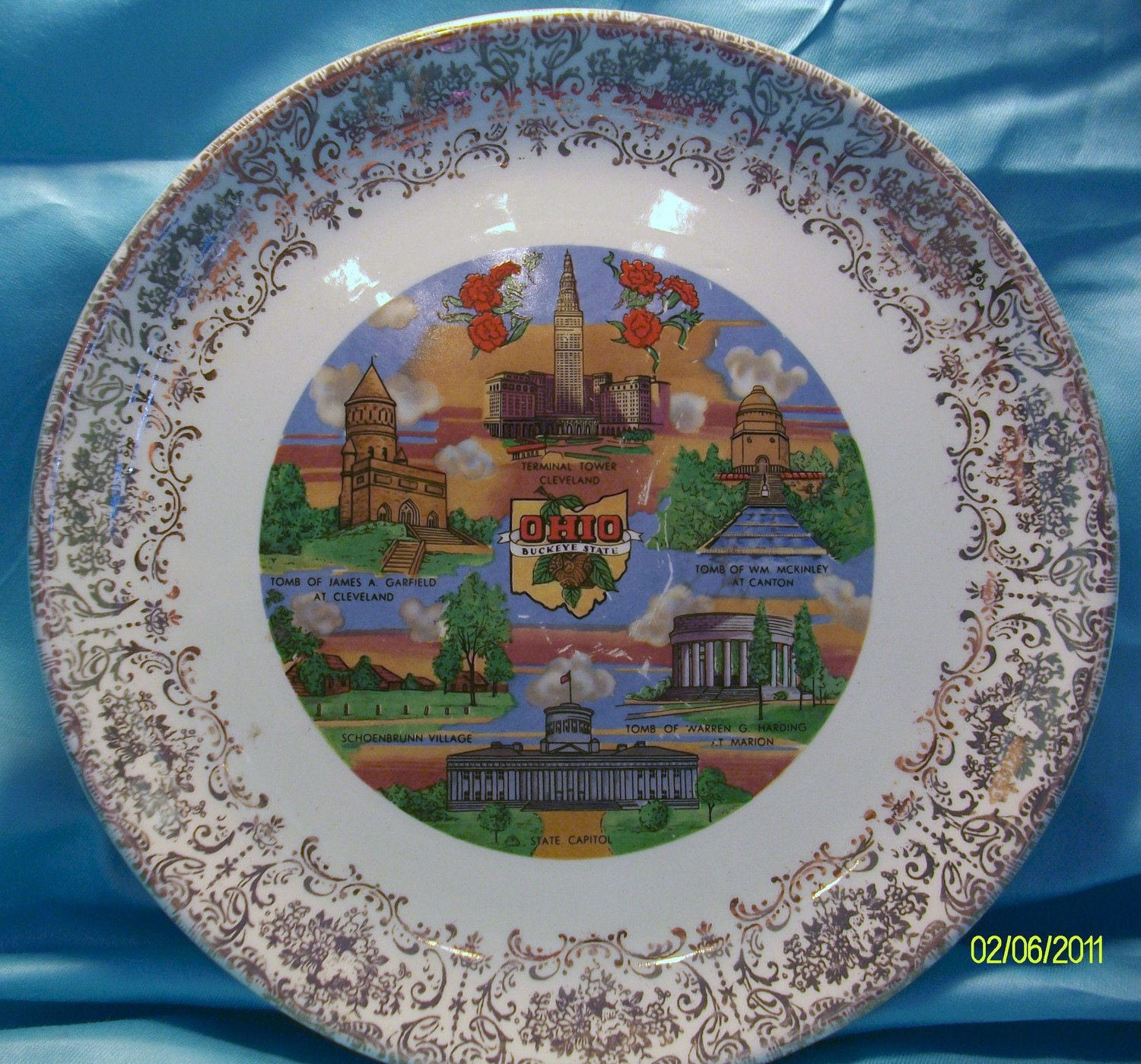 Ohio State Vintage Multi Color and Gold Edged Souvenir Plate