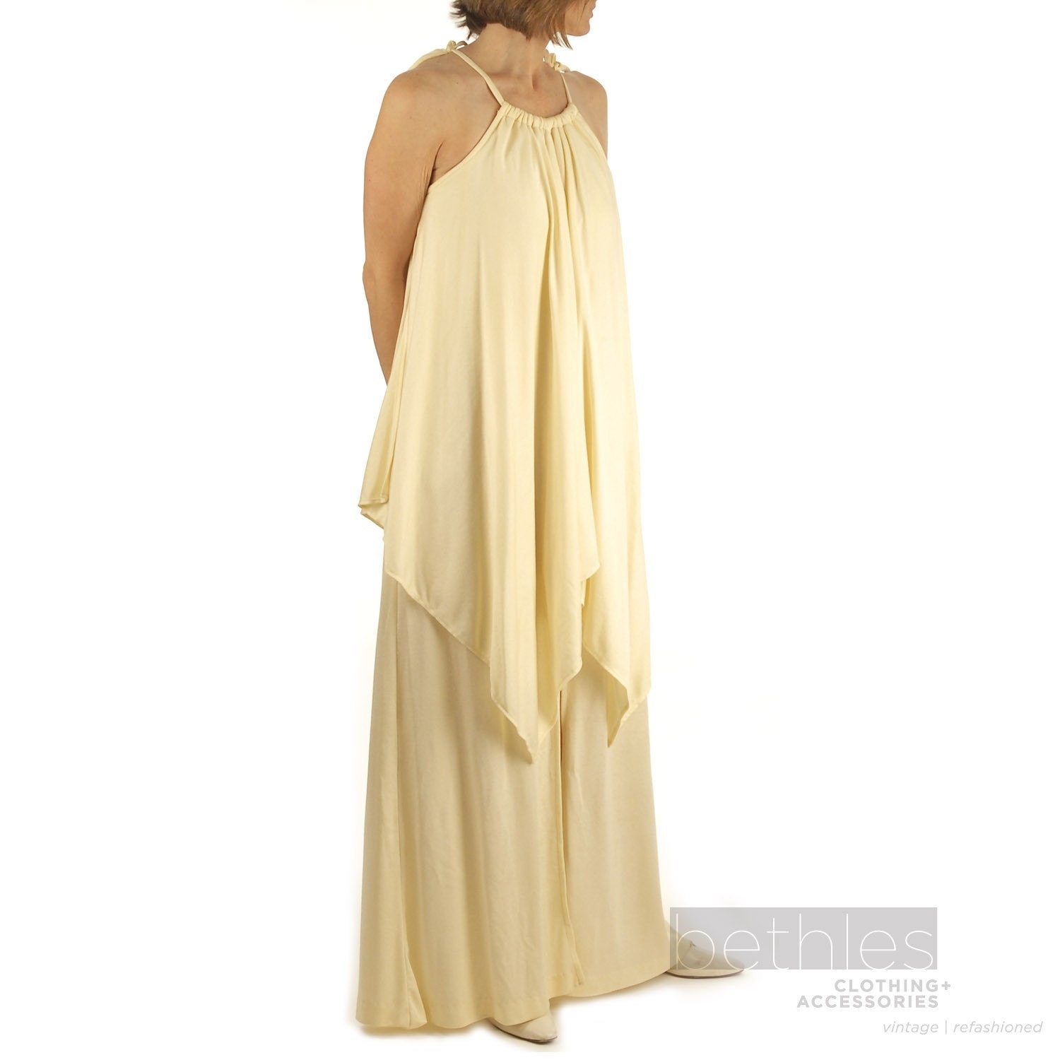 Handkerchief Style Evening Dress with Drawstring Neckline Shimmering Cream Long Dress Vintage 70s