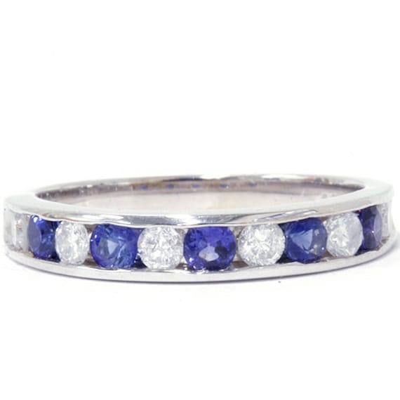 Blue Sapphire & Round Diamond .75CT Channel Set Wedding Anniversary Stackable Ring 14K White Gold SZ (4-9)